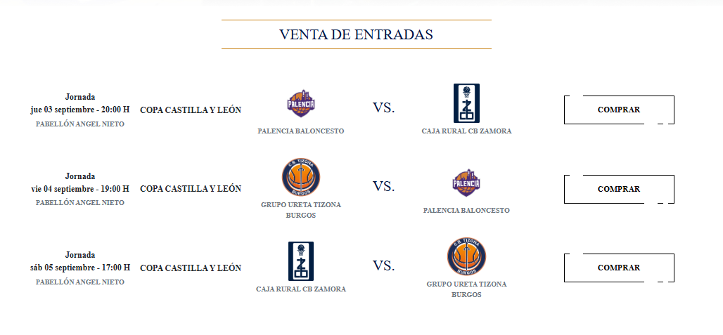 Página de venta de entradas online para los partidos de la Copa Castilla y León