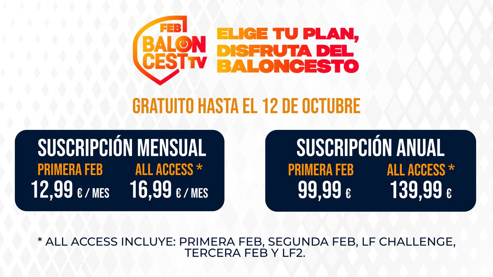 Precios y suscripciones de BalONcesto TV para la Primera FEB 2026/27